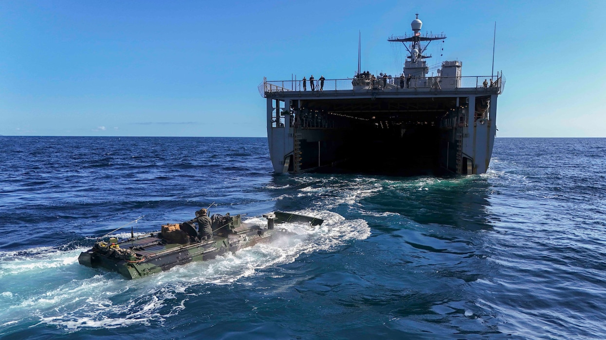 An amphibious combat vehicle approaches USS Harpers Ferry (LSD 49) during exercise Ssang Yong 24 off the coast of South Korea.