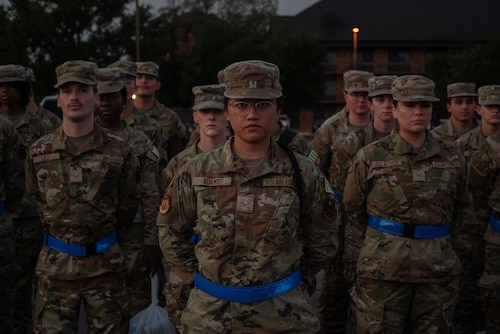 U.S. Air Force Airmen assigned to the 315th Training Squadron stand at parade rest during morning formation outside the Western Winds dining facility at Goodfellow Air Force Base, Texas, July 29, 2024. Students assigned to the 315th TRS hold open ranks regularly to ensure their uniforms and appearance are up to standards. (U.S. Air Force photo by Airman 1st Class Brian Lummus)