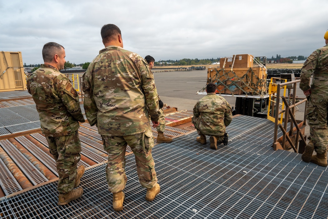 46th Airlift Wing leadership, Col. Joseph Vanoni and Chief Master Sgt. James Bolling, visited the Aerial Port Squadron on Sept. 8, 2024, at Joint Base Lewis-McChord, Washington.