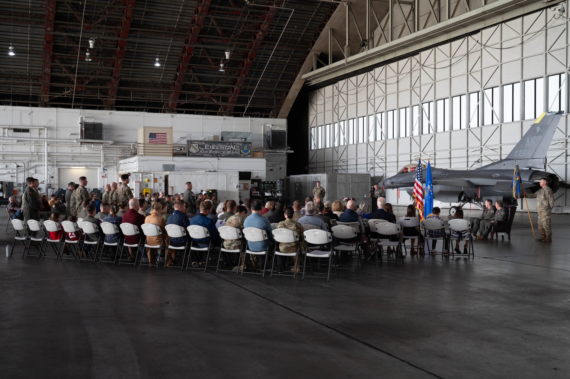 U.S. Air Force Col. Curtis Dougherty, 354th Operations Group commander, delivers remarks during a change of command ceremony at Eielson Air Force Base, Alaska, Sep. 6, 2024.