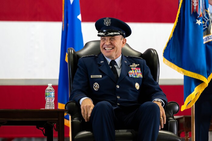 U.S. Air Force Gen. John D. Lamontagne laughs during a speech at the Air Mobility Command Change of Command ceremony at Scott Air Force Base, Illinois, Sept. 9, 2024. Lamontagne is the 16th commander of AMC, as it continues to provide rapid global mobility and sustainment for America’s Armed Forces.