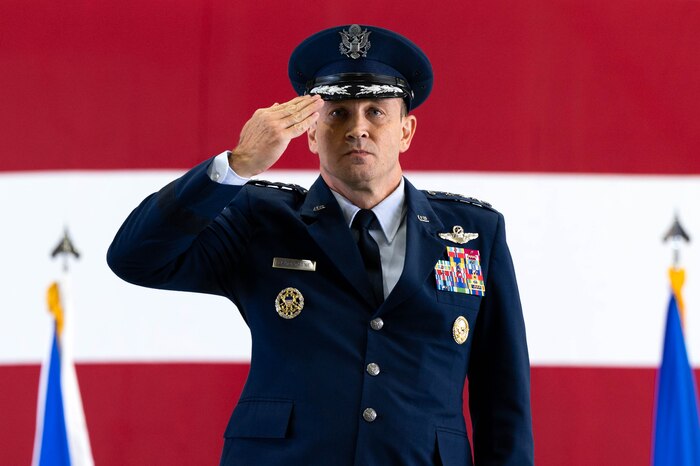 U.S. Air Force Gen. John D. Lamontagne laughs during a speech at the Air Mobility Command Change of Command ceremony at Scott Air Force Base, Illinois, Sept. 9, 2024. Lamontagne is the 16th commander of AMC, as it continues to provide rapid global mobility and sustainment for America’s Armed Forces.