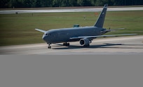 A KC-46A Pegasus assigned to the 157th Air Refueling Wing taxis on the runway at Pease Air National Guard Base, New Hampshire.