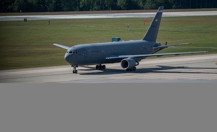 A KC-46A Pegasus assigned to the 157th Air Refueling Wing taxis on the runway at Pease Air National Guard Base, New Hampshire.