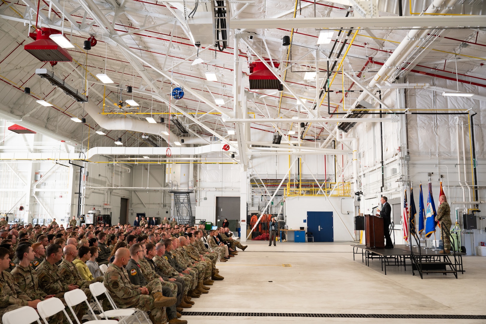 Gov. Christopher T. Sununu addresses Airmen assigned to the 157th Air Refueling Wing and the 64th Air Refueling Squadron during a pre-deployment ceremony Sept. 8, 2024, at Pease Air National Guard Base, New Hampshire.