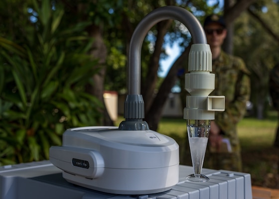 U.S. Navy medical personnel with Marine Rotational Force – Darwin 24.3, utilize a Coriolis Micro-Microbial Air Sampler to collect samples at Royal Australian Air Force Base Darwin, NT, Australia, April 24, 2024. The Coriolis Micro-Microbial Air Sampler was used to test for the air born bacteria Burkholderia pseudomallei, which can cause Melioidosis, for a study done in partnership with the Menzies School of Public Health. MRF-D 24.3 is part of an annual six-month rotational deployment to enhance interoperability with the Australian Defence Force and Allies and partners and provide a forward-postured crisis response force in the Indo-Pacific. (U.S. Marine Corps photo by Cpl. Earik Barton)