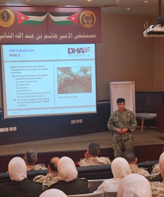 AQABA, JORDAN (May 17, 2024) – Personnel participate in a Subject Matter Expert Exchange at Prince Hashem bin Abdullah II Military Hospital, in Aqaba, Jordan, during exercise Eager Lion 2024, May 17, 2024. Eager Lion is designed to exchange military expertise, improve interoperability among partner nations, and considered the capstone of a broader U.S. military relationship with the Jordanian Armed Forces. (U.S. Navy photo by Chief Hospital Corpsman Steven Taylor/Released)