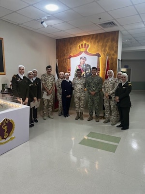 AQABA, JORDAN (May 19, 2024) – U.S. Navy nurses and Jordanian nurses pose together for a picture after a day of lecture at the global health engagement during exercise Eager Lion 2024, May 19, 2024. Eager Lion is designed to exchange military expertise, improve interoperability among partner nations, and considered the capstone of a broader U.S. military relationship with the Jordanian Armed Forces. (U.S. Navy photo by Chief Hospital Corpsman Steven Taylor/Released)