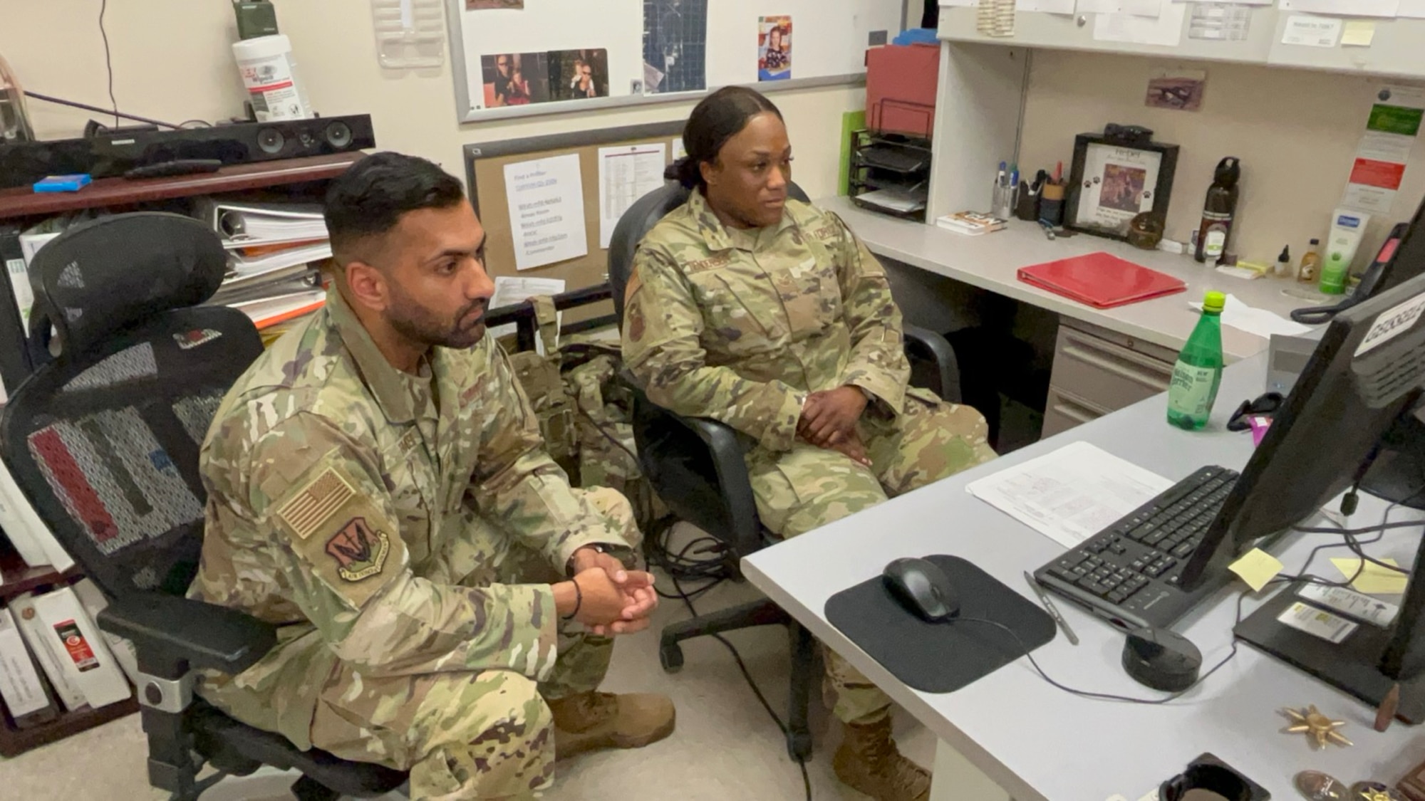 U.S. Air Force Tech. Sgt. Neil Thaker (left) and Staff Sgt. Lauren Henderson (right), both Security Forces specialists with the 106th Rescue Wing, participate in a New York Army National Guard post-deployment virtual Yellow Ribbon event at F.S. Gabreski Air National Guard Base, Westhampton Beach, New York, on May 4, 2024. During the Yellow Ribbon event, Airmen engaged in workshops and discussions aimed at providing essential resources and support for reintegration after a deployment. (U.S. Air National Guard photo by Capt. Cheran Campbell)