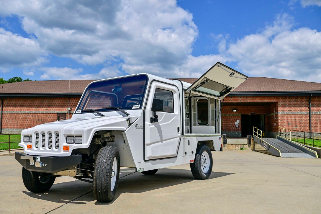 A low-speed electric vehicle is staged at Defense Logistics Agency Aviation in Richmond, Virginia