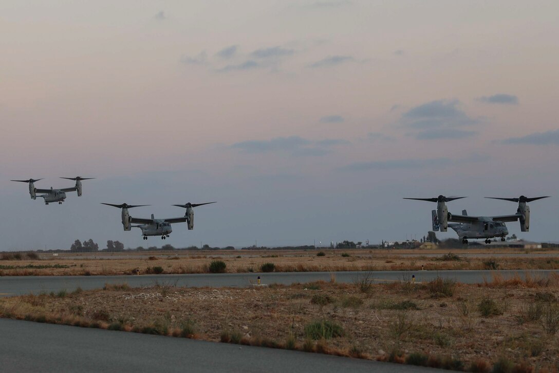 U.S. Marine Corps MV-22B Osprey tiltrotor aircraft with Marine Medium Tiltrotor Squadron 365 (Reinforced), 24th Marine Expeditionary Unit (MEU) Special Operations Capable (SOC) arrive in Paphos, Cyprus ahead of scheduled bilateral training with the Republic of Cyprus National Guard, September 9, 2024. The training, set to take place from September to early November, was coordinated with the Government of the Republic of Cyprus and the U.S. Embassy in Nicosia. The 24th MEU (SOC) and Wasp Amphibious Ready Group are on a scheduled deployment to U.S. Naval Forces Europe and Africa area of operations to support U.S., Allied, and partner interests in the region, including in the Eastern Mediterranean Sea. Routine training exercises ensure that we, alongside our Allies and partners, are always prepared to respond rapidly and effectively to any mission. (U.S. Marine Corps photos by Staff Sgt. Ryan Sammet)
