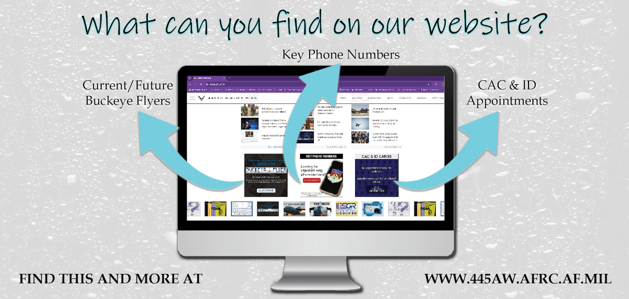 Did you know you can find many resources for the wing on the 445th Airlift Wing website?

Looking for key phone numbers? Check out our website. Need to book a CAC/ID card appointment? Check out our website. Want to request the Honor Guard? Check out our website.