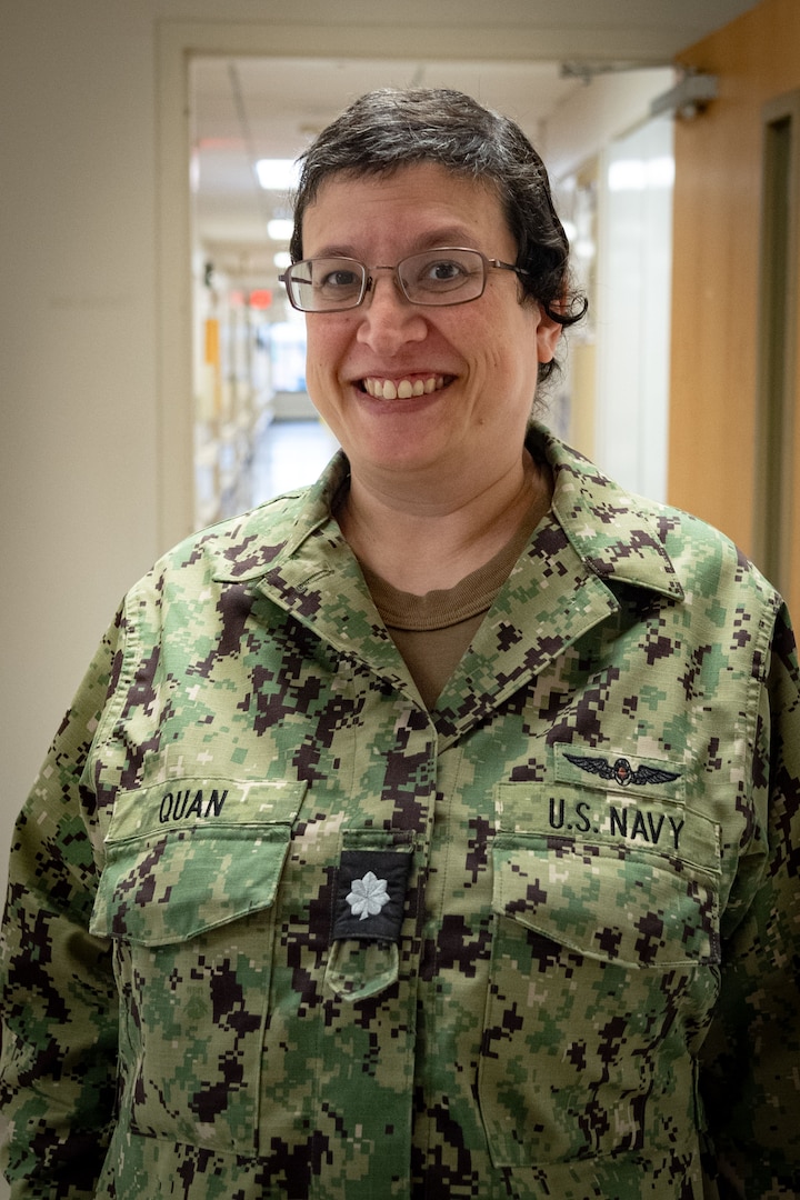 Navy Commander Sara Quan serves aboard Naval Health Clinic Cherry Point as a Family Medicine Physician and Flight Surgeon.  A native of Bradbury, California, she credits her brother and grandfather as inspiration to serve.