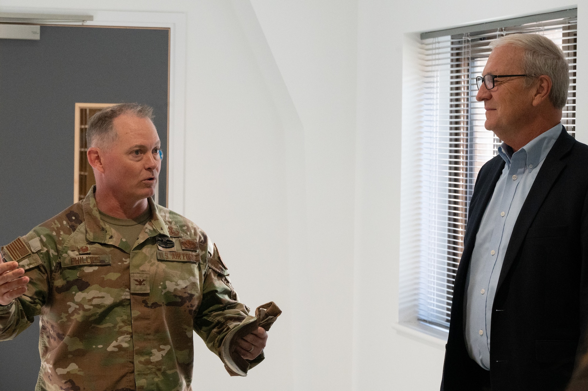 Senator Kevin Cramer talks with Col. D. Landon Phillips, 501st Combat Support Wing commander at RAF Fairford
