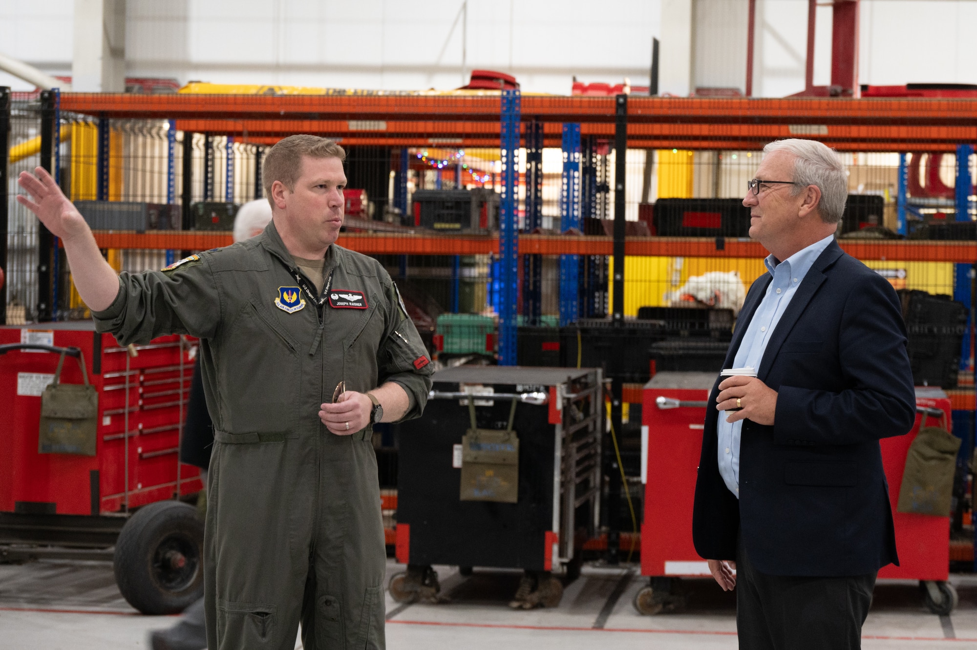 Lt. Col. Joseph J. Raisner, 99th Expeditionary Reconnaissance Squadron commander gives Senator Kevin Cramer and his team a tour of the 99th ERS at RAF Fairford