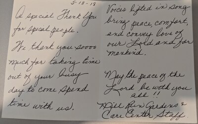 Copy of a thank you note.