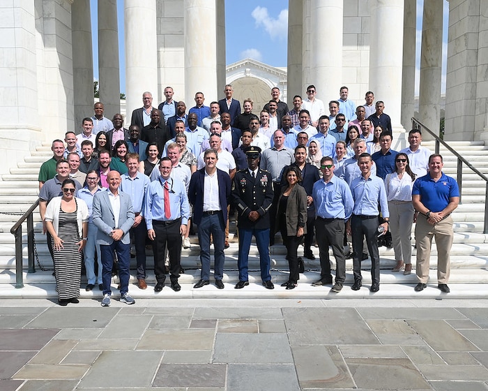 Senior enlisted Air Force leaders from around the world visit the Tomb of the Unknown Soldier and witness a wreath-laying ceremony at Arlington National Cemetery, Arlington, Va., Aug 29, 2024. The event capped the annual Senior Enlisted Leader International Summit which brings counterparts together from around the world to reaffirm long-term and mutually beneficial relationships through information exchange. (U.S. Air Force photo by Andy Morataya)