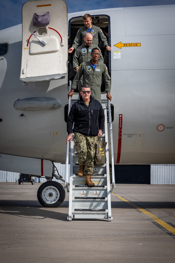 U.S. Navy Rear Adm. Richard Lofgren, vice commander, U.S. Naval Forces Southern Command/U.S. 4th Fleet, exits the P-8 Poseidon assigned to Patrol Squadron (VP) 5 after observing flight operations during Exercise UNITAS LXV in Santiago, Chile, Sept. 8, 2024.UNITAS, taking place in Chile this year, is the world’s longest-running annual multinational maritime exercise that focuses on enhancing interoperability among multiple nations and joint forces during littoral and amphibious operations in order to build on existing regional partnerships and create new enduring relationships that promote peace, stability, and prosperity in the U.S. Southern Command’s area of responsibility. (U. S. Marine Corps photo by Lance Cpl. Madisyn Paschal)