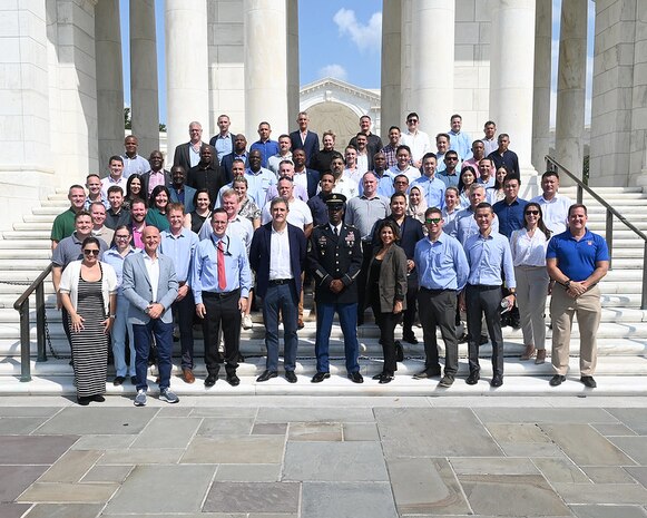 Senior enlisted Air Force leaders from around the world visit the Tomb of the Unknown Soldier and witness a wreath-laying ceremony at Arlington National Cemetery, Arlington, Va., Aug 29, 2024. The event capped the annual Senior Enlisted Leader International Summit which brings counterparts together from around the world to reaffirm long-term and mutually beneficial relationships through information exchange. (U.S. Air Force photo by Andy Morataya)