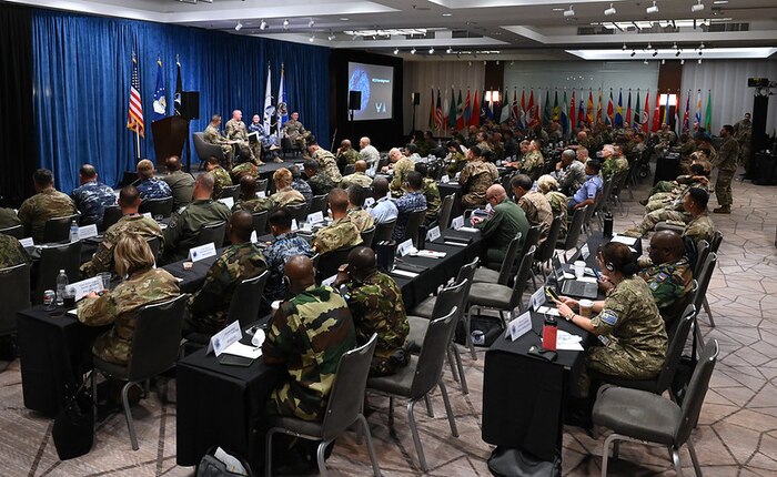 Chief Master Sgt. of the Air Force David A. Flosi gives a keynote address during the Senior Enlisted Leaders International Summit, Washington, D.C., Aug. 28, 2024. (U.S. Air Force photo by Chad Trujillo)