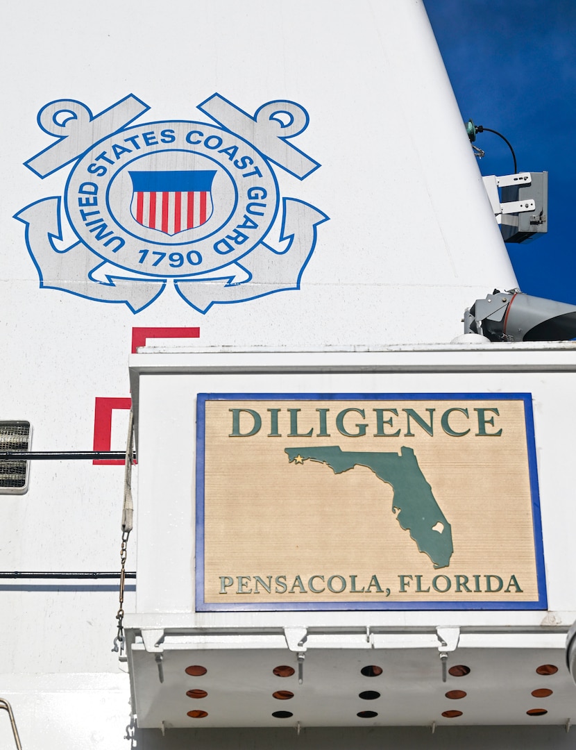 A placard aboard Coast Guard Diligence is displayed during a drug offload at Port Everglades, Florida, Sept. 9, 2024. Coast Guard crews worked alongside interagency and international partners to seize the illegal narcotics in the international waters of the Caribbean Sea during three separate interdictions. (U.S. Coast Guard photo by Petty Officer 3rd Class Eric Rodriguez)