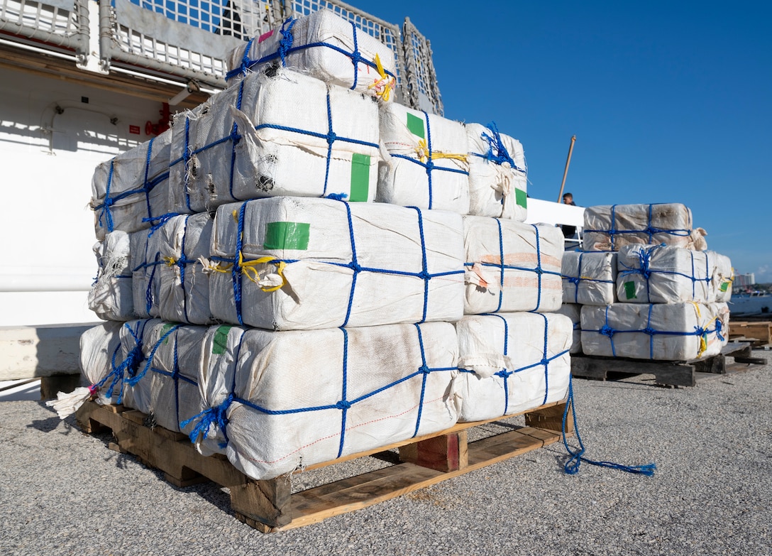 Bales of illegal narcotics, worth an estimated $54 million, are staged for an offload by crew members of U.S. Coast Guard Cutter Diligence (WMEC 616) in Port Everglades, Florida, Sept. 23, 2024. Coast Guard crews worked alongside interagency and international partners to seize the illegal narcotics in the international waters of the Caribbean Sea during three separate interdictions. (U.S. Coast Guard photo by Petty Officer 3rd Class Eric Rodriguez)