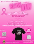 Each year, thousands of people are affected by breast cancer, whether it touches your life directly or involves someone you hold dear.  Breast cancer is the second most common cancer in women worldwide, with about 1 in 8 women being diagnosed with it in their lifetime.

The Staff Engagement Working Group and the Public Health team invite you to our Glow Run/Walk event on Oct. 4.  The Glow Run/Walk will take place at the outdoor track near the Whitside gym in support of Breast Cancer Awareness Month. 

Breast Cancer Awareness t-shirts are on sale for $20; please see the attached flyer for more details.  Everything in white on the back of the t-shirt will glow!  The front has a pink flag with stars on it with a ribbon wrapped around it. 

The run/walk will kick off at 7 PM, if you can't take part in the run/walk, come out to enjoy the music, giveaways, and other activities.

This event is open to the public, so please share with your friends.  We look forward to seeing you there.  In case of inclement weather, the outside activities will be canceled, and an information booth will be located inside the hospital.