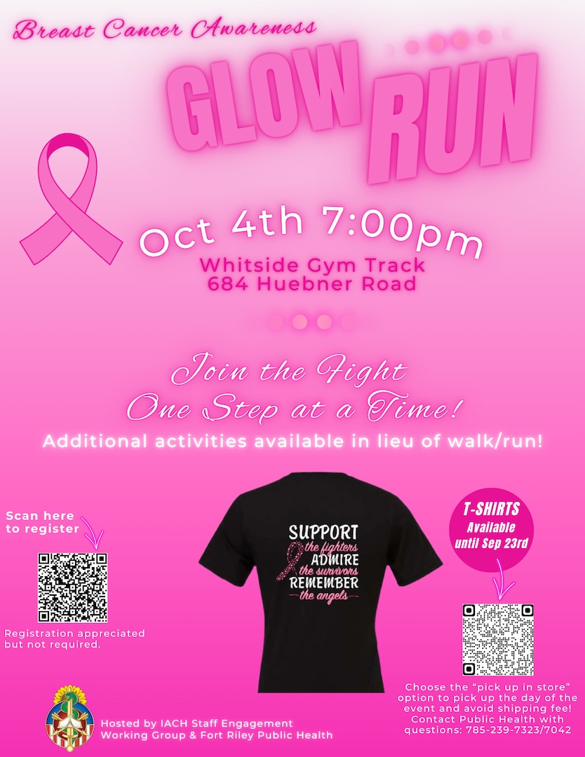 Each year, thousands of people are affected by breast cancer, whether it touches your life directly or involves someone you hold dear.  Breast cancer is the second most common cancer in women worldwide, with about 1 in 8 women being diagnosed with it in their lifetime.

The Staff Engagement Working Group and the Public Health team invite you to our Glow Run/Walk event on Oct. 4.  The Glow Run/Walk will take place at the outdoor track near the Whitside gym in support of Breast Cancer Awareness Month. 

Breast Cancer Awareness t-shirts are on sale for $20; please see the attached flyer for more details.  Everything in white on the back of the t-shirt will glow!  The front has a pink flag with stars on it with a ribbon wrapped around it. 

The run/walk will kick off at 7 PM, if you can't take part in the run/walk, come out to enjoy the music, giveaways, and other activities.

This event is open to the public, so please share with your friends.  We look forward to seeing you there.  In case of inclement weather, the outside activities will be canceled, and an information booth will be located inside the hospital.