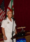 Rear Adm.  Kiril Mihaylov, Commander of the Bulgarian Navy, gives a speech during a press conference in Varna, Bulgaria as part of the second serial of exercise Sea Breeze 2024, Sep. 10, 2024.