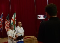 Vice Adm. Thomas Ishee, commander, U.S. 6th Fleet, left, and Rear Adm. Kiril Mihaylov, Commander of the Bulgarian Navy, center, give a speech during a press conference in Varna, Bulgaria as part of the second serial of exercise Sea Breeze 2024, Sep. 10, 2024.