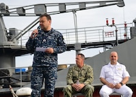Commodore Dmytro Kovalenko, Chief of Training Command of Ukrainian Navy Command, gives a speech to mark the start of Sea Breeze 2023-3, the third serial of exercise Sea Breeze 2024, Sept. 10, 2024.
