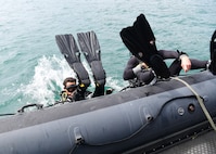 Sailors assigned to Explosive Ordnance Disposal Mobile Unit 8 conduct emergency action plan drills with the Bulgarian, Japanese and Ukrainian dive teams while underway off the coast of Varna, Bulgaria as part of the third serial of exercise Sea Breeze 2024