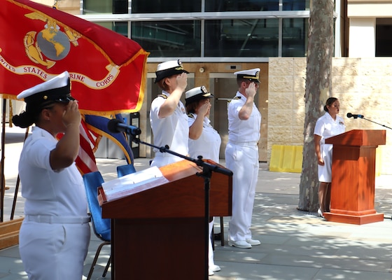 Hospital Corpsman 2nd Class Grace Joan Reveles sings the National Anthem during her commissioning ceremony held Sept. 6, 2024, on the Naval Hospital Camp Pendleton Medal of Honor Promenade. Moments later, having obtained both her associate degree and bachelor’s degree in nursing while serving on active duty as a corpsman, Reveles was commissioned as an Ensign in the Navy Nurse Corps via the Direct Accession Program.