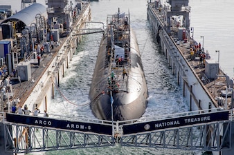 USS Scranton (SSN 756) departs the floating dry dock ARCO (ARDM 5) at Naval Base Point Loma.