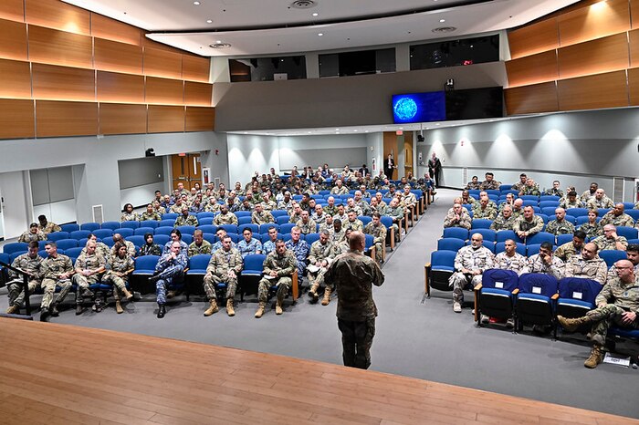 Vice Chief of Space Operations Gen. Michael Guetlein speaks during the Senior Enlisted Leader International Summit at the Pentagon, Arlington, Va., Aug. 26, 2024. The summit is hosting top enlisted leaders from 72 partner nations to reinforce relationships between military services. (U.S. Air Force photo by Eric Dietrich)
