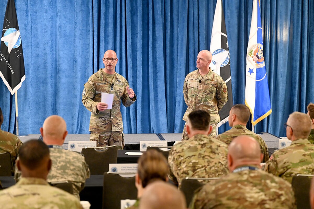 Chief Master Sgt. of the Air Force David Flosi and Chief Master Sgt. of the Space Force John Bentivegna host the 2024 Senior Enlisted Leader International Summit in Washington, D.C., Aug 26, 2024. The goal of the event was to reaffirm long-term and mutually beneficial relationships with international partners through information exchange. (U.S. Air Force photo by Andy Morataya)