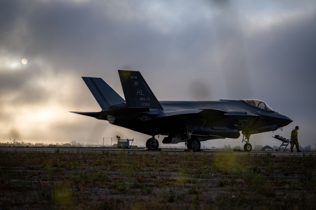 A U.S. Air Force crew chief assigned to the 338th Fighter Generation Squadron maintains an F-35A Lightning II during exercise Agile Flag 24-3, at Santa Maria, California, Aug. 5, 2024. Agile Flag 24-3 was an Air Combat Command certification exercise that tested the 23rd Wing’s ability to generate combat air power while continuing to move, maneuver, and sustain Wing and subordinate force elements in a dynamic and contested environment. (U.S. Air Force photo by 2nd Lt. Benjamin Williams)