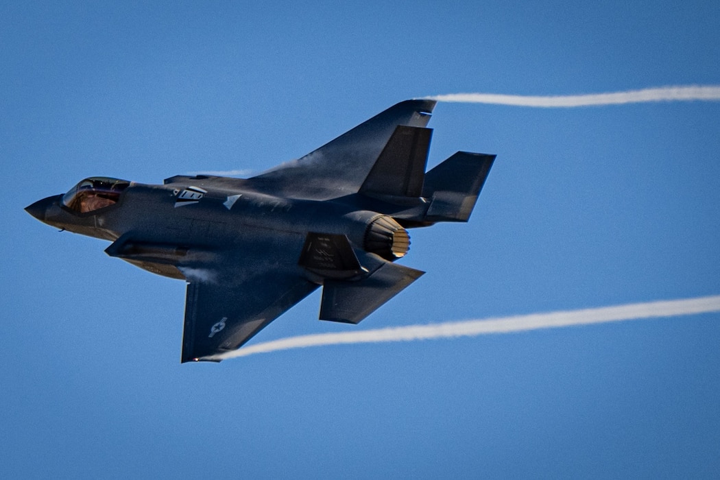 A U.S. Air Force pilot assigned to the 338th Fighter Squadron performs maneuvers in an F-35A Lightning II during exercise Agile Flag 24-3, in Santa Maria, California, Aug. 5, 2024. The 23rd Wing achieved certification within the Air Force Force Generation Model through the exercise. Agile Flag 24-3 is a complex, large-scale joint military exercise, demonstrating the Air Force’s ability to operate in a contested, dynamic environment to ensure U.S. victory in the era of Great Power Competition (U.S. Air Force photo by 2nd Lt. Benjamin Williams)