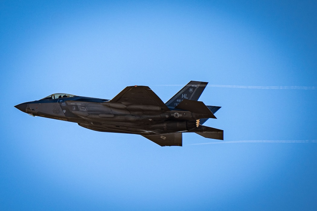 A U.S. Air Force pilot assigned to the 338th Fighter Squadron performs maneuvers in an F-35A Lightning II during exercise Agile Flag 24-3, in Santa Maria, California, Aug. 5, 2024. The 23rd Wing achieved certification within the Air Force Force Generation Model through the exercise. Agile Flag 24-3 is a complex, large-scale joint military exercise, demonstrating the Air Force’s ability to operate in a contested, dynamic environment to ensure U.S. victory in the era of Great Power Competition (U.S. Air Force photo by 2nd Lt. Benjamin Williams)