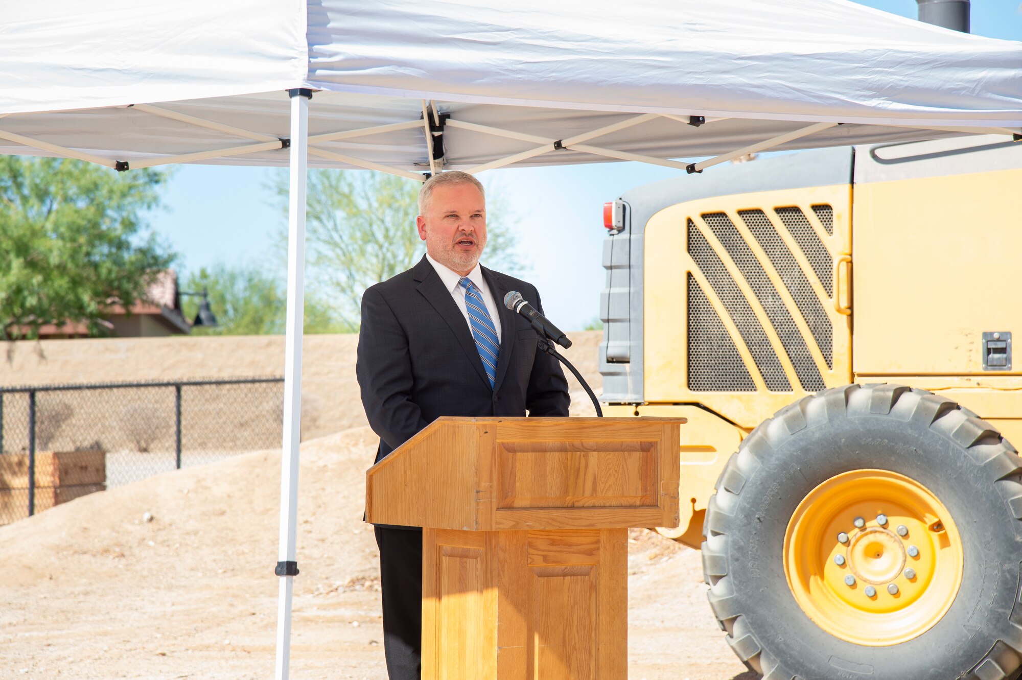 Heath Burleson, President and Chief Executive Officer for Mayroad, LLC, provides his remarks during the ground breaking ceremony for a commercial apartment complex on Edwards Air Force Base, California, Sept. 10. (Air Force photo by Chloe Bonaccorsi)
