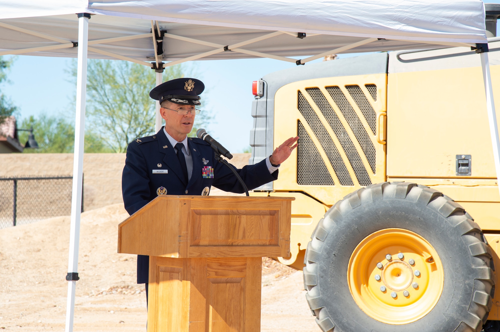 Col. Douglas Wickert, 412th Test Wing Commander, provides his remarks during the ground breaking ceremony for a commercial apartment complex on Edwards Air Force Base, California, Sept. 10. (Air Force photo by Chloe Bonaccorsi)