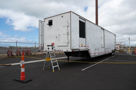 Part of a mobile constellation control station sits outside near the flightline at Joint Base Pearl Harbor Hickam, Hawaii, Aug. 27, 2024. The equipment has been flown in and assembled as part of a contingency operations exercise meant to test the viability of a new location. (U.S. Air Force photo by Technical Sgt. Tarelle Walker)