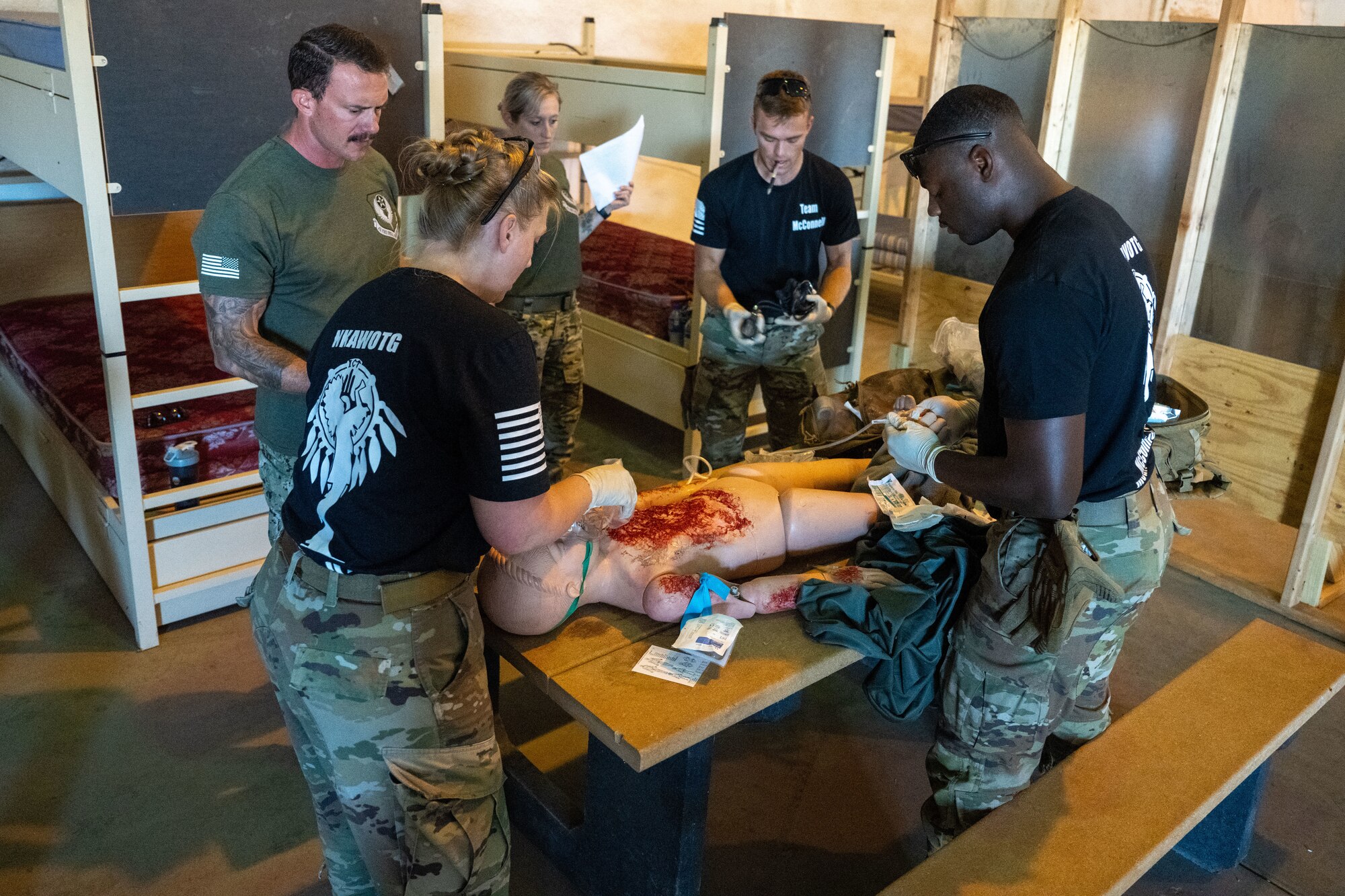 Airmen from the 22nd Medical Group assist a simulated burn patient during the annual Medic Rodeo at Cannon Air Force Base, New Mexico, Aug. 13, 2024. During day two of the competition, Team McConnell rotated through nine scenarios covering trauma and clinical care. (U.S. Air Force photo by Senior Airman Felicia Przydzial)