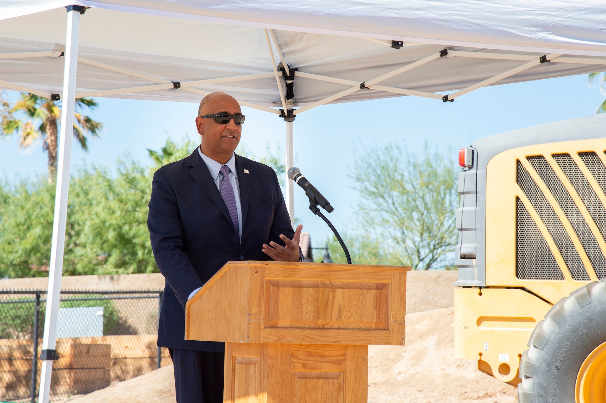 Ravi Chaudhary, Assistant Secretary of the Air Force for Energy, Installations, and Environment, provides his remarks during the ground breaking ceremony for a commercial apartment complex on Edwards Air Force Base, California, Sept. 10. (Air Force photo by Chloe Bonaccorsi)