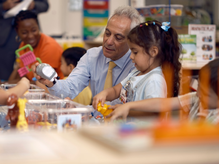 U.S. Ambassador to Japan Rahm Emanuel plays with a universal pre-kindergarten student at Yokosuka Primary School September 4, 2024.