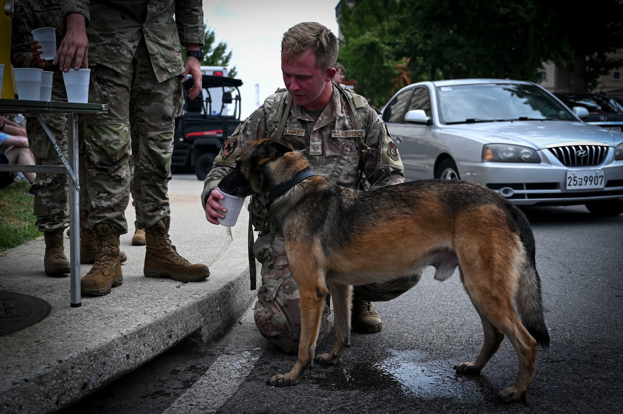 U.S. Staff Sgt. Peter Vansalisbury, 8th Security Forces Squadron military working dog (MWD) handler, provides Taro, 8th SFS MWD, water after participating in the 9/11 Remembrance ruck.