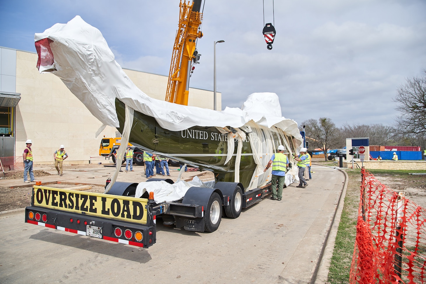 Marine One, BUNO 358, arrives in College Station, Texas, in February. The 72-foot-long helicopter was transported by flatbed over two days and is estimated to weigh 4.65 tons.