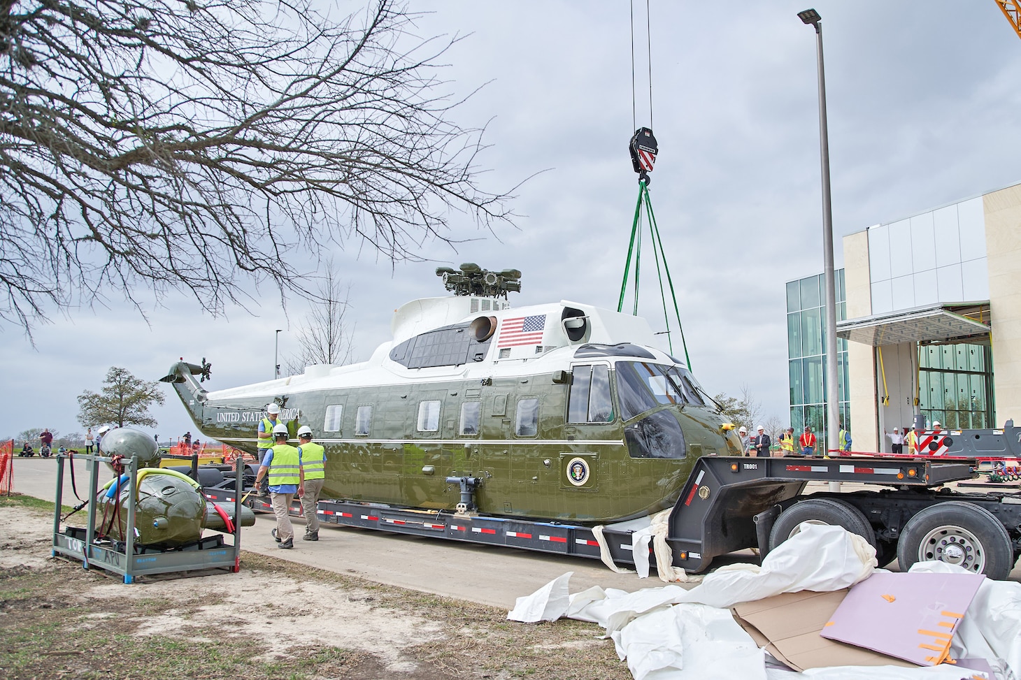 Marine One BUNO 358 arrives in College Station, Texas, in February. A skilled team relocated the aircraft, which is on permanent loan from the National Museum of the Marine Corps