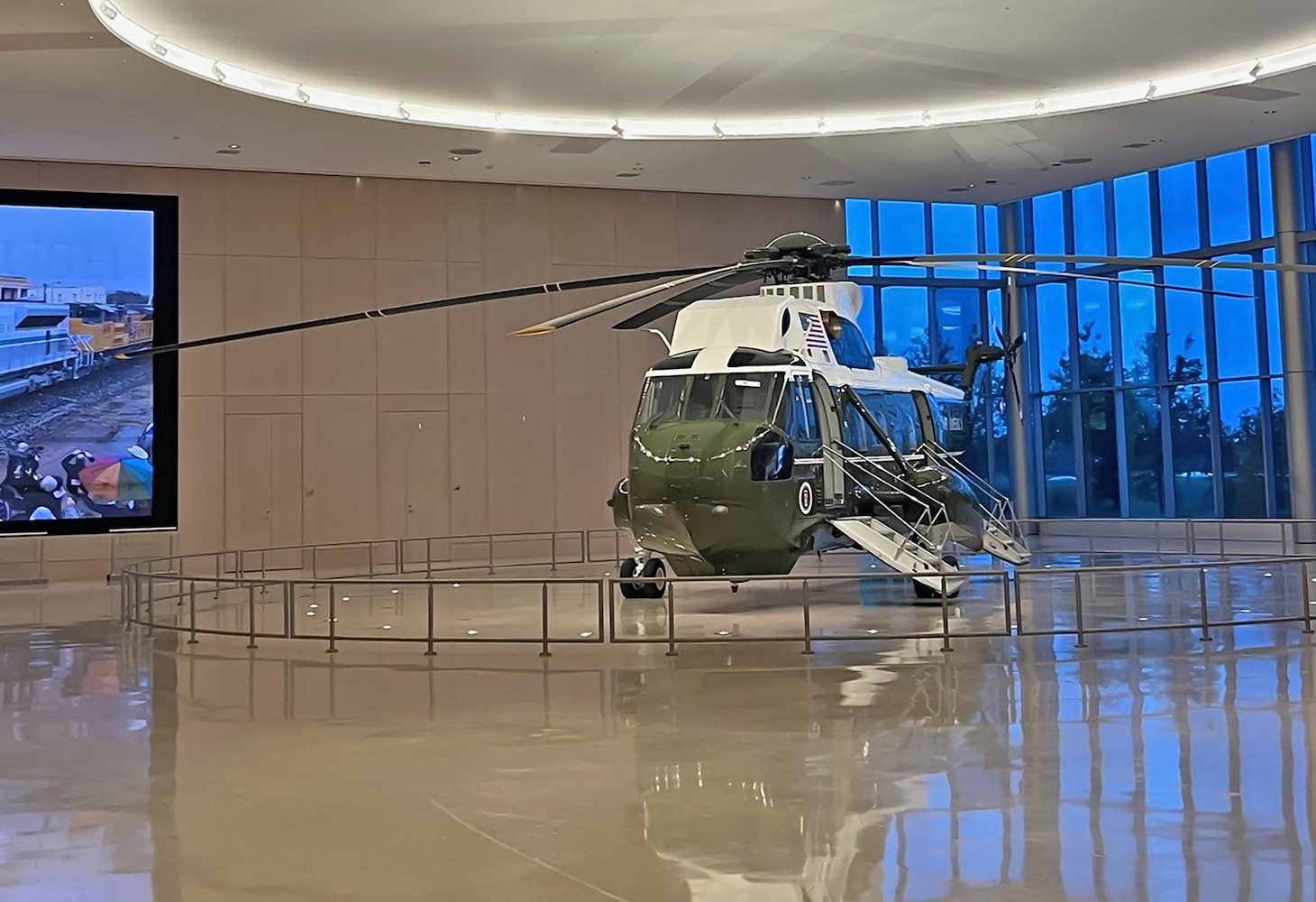 Retired, demilitarized and restored Marine One, BUNO 358, on display inside the new Marine One/4141 Locomotive Pavilion in College Station, Texas.