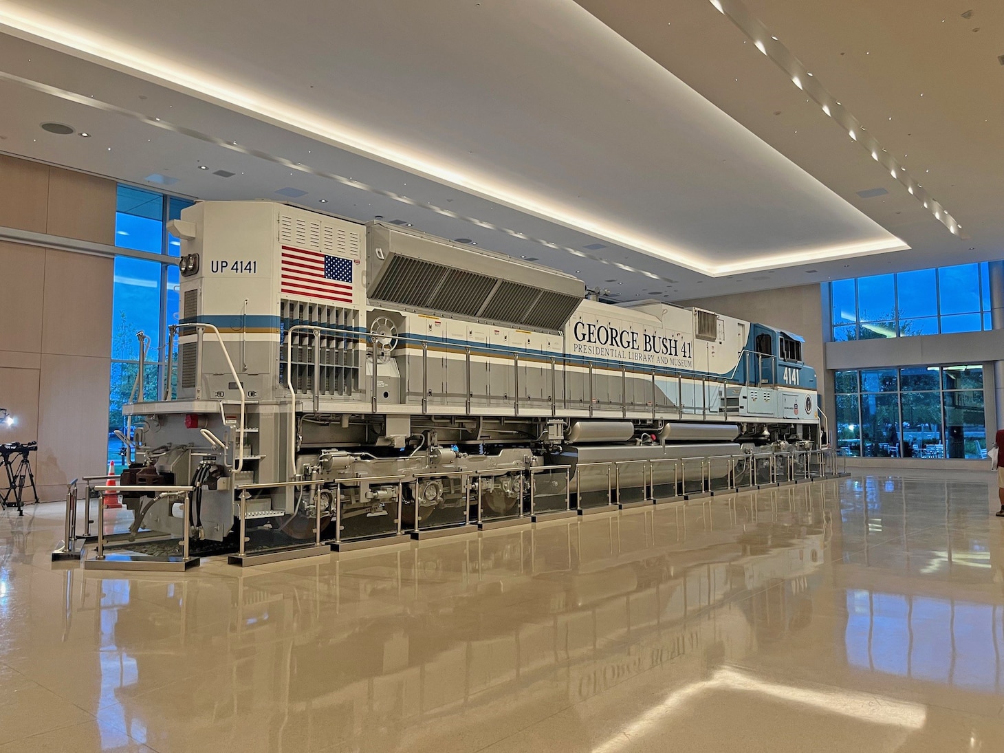 Union Pacific Railroad 4141 locomotive was used by the 41st president throughout his career.  The 4141 locomotive is most known for transporting President Bush to his final resting place in College Station, Texas. 4141 is on display at the new George H. W. Bush Presidential Museum and Library Marine One/4141 Locomotive Pavilion.